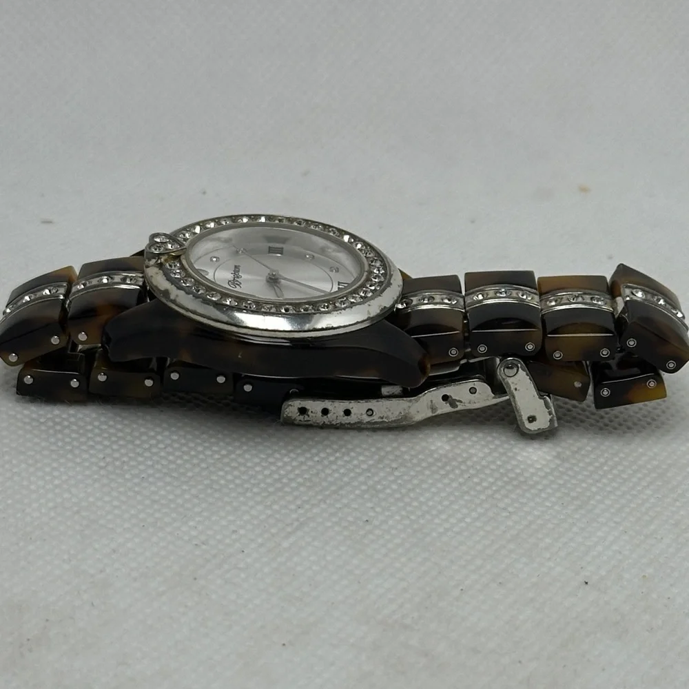 Brighton Women's Silver and Brown Tortoise Link Heart Watch w/ Rhinestones 2.75”